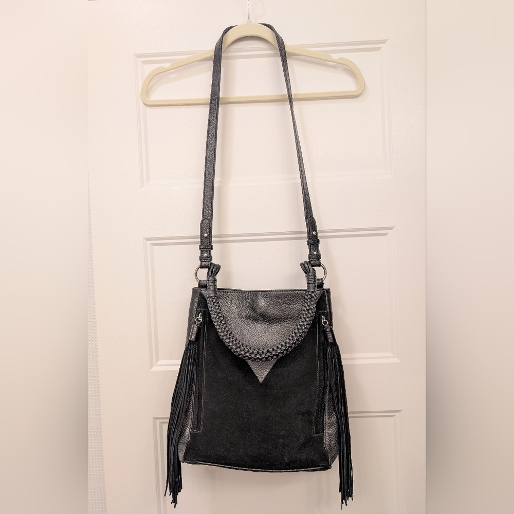 Sam Edelman Monica Leather Bucket Handbag Black Tassel Suede Fringe